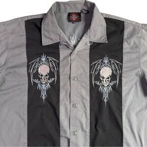 Vintage Y2K Dragonfly Rockabilly Skeleton Button Down Shirt Black/Grey Men’s 3XL